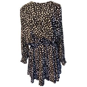 Umgee Short Abstract Dot Blousson Dress Long Sleeves Size M Women's Black White.